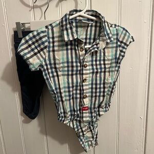 Wrangler 6m plaid short sleeve button down onesie & denim joggers matching set